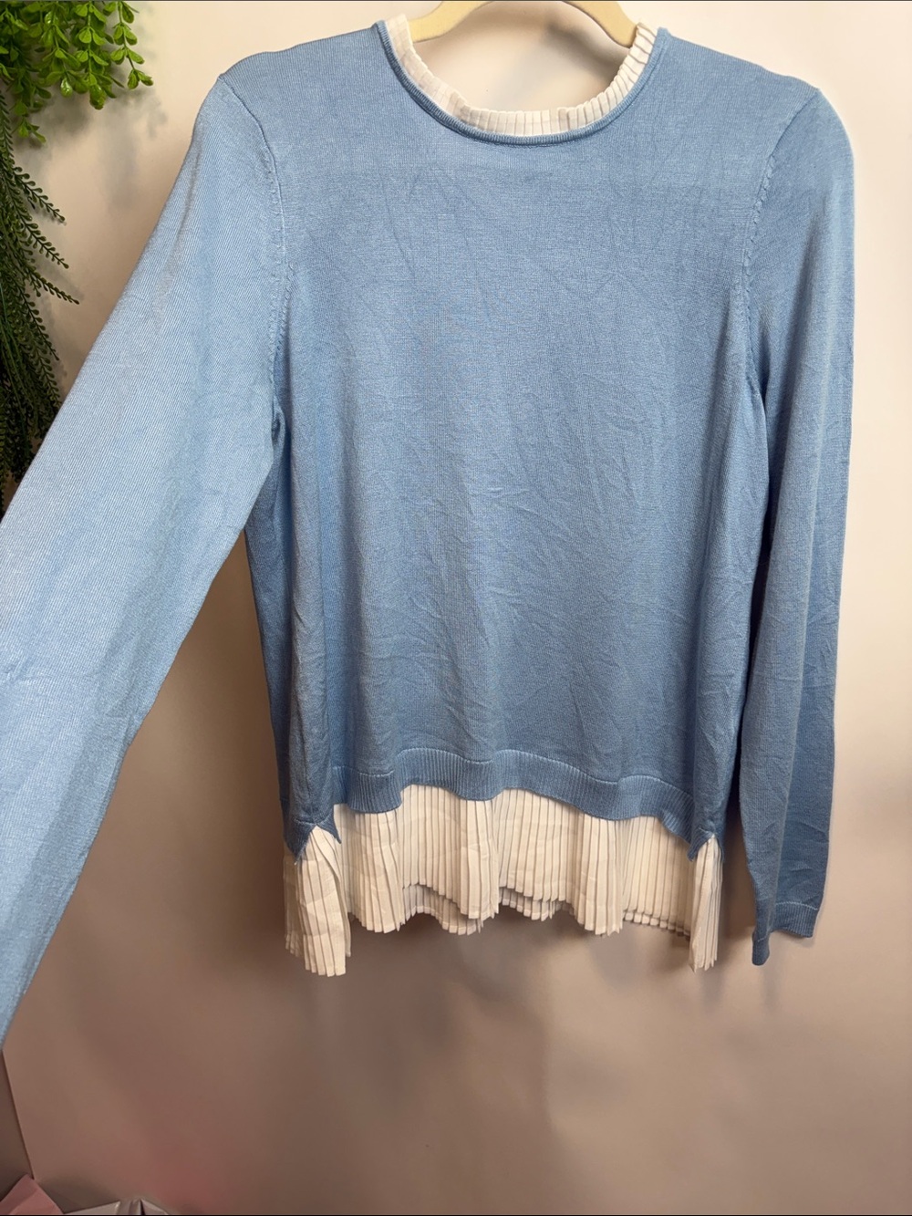 Adrianna Papell Light Blue Long Sleeve Pleat-Hem Sweater